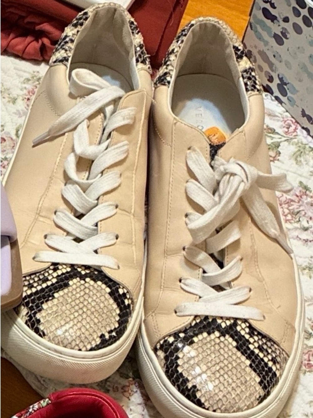 Veronica Beard Bibi Cream Leather Sneakers with Snake-Print Accents